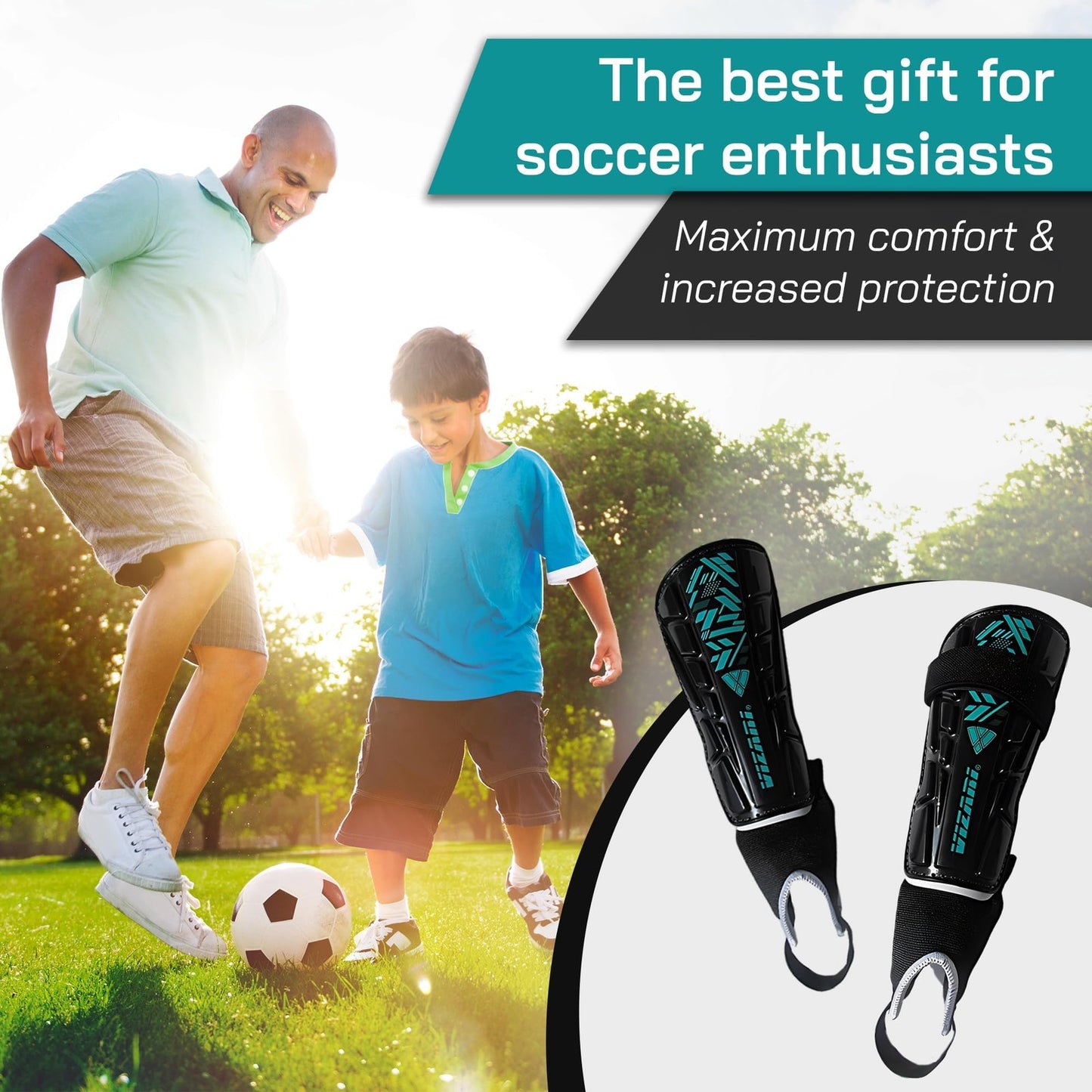 Vizari Black Teal Soccer Shin Guards for Kids and Adults Lightweight Protection