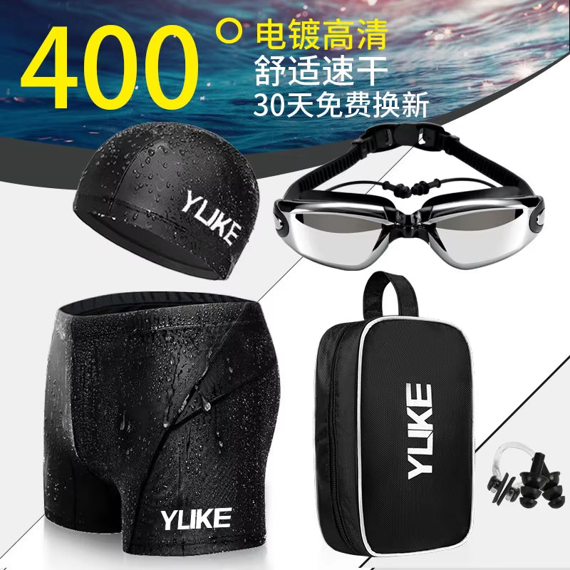 Swimming Trunks Men'S Swimming Set Flat Angle Swimming Shorts Waterproof Quick-Drying Swimming Suit Swimming Goggles Swim Cap