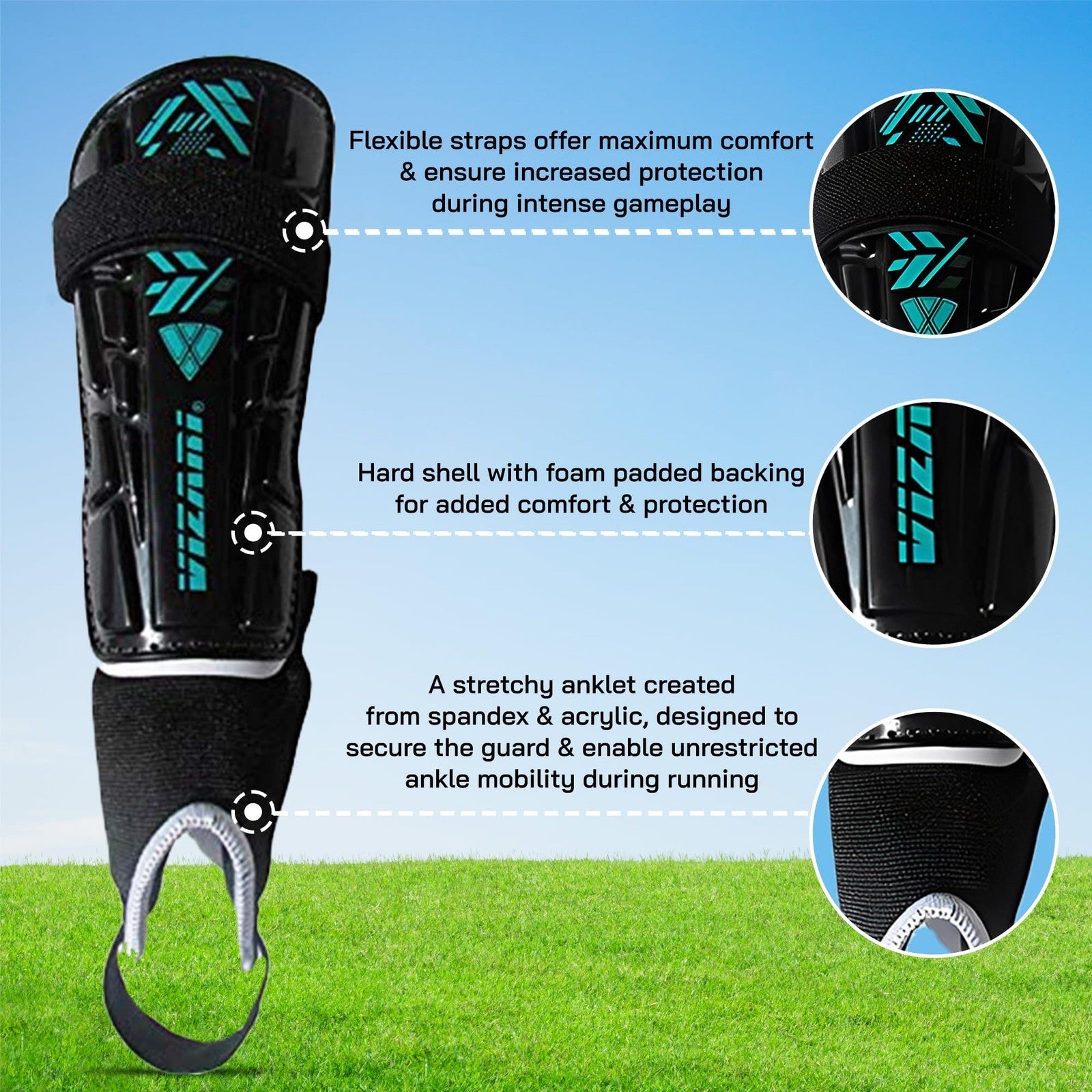 Vizari Black Teal Soccer Shin Guards for Kids and Adults Lightweight Protection