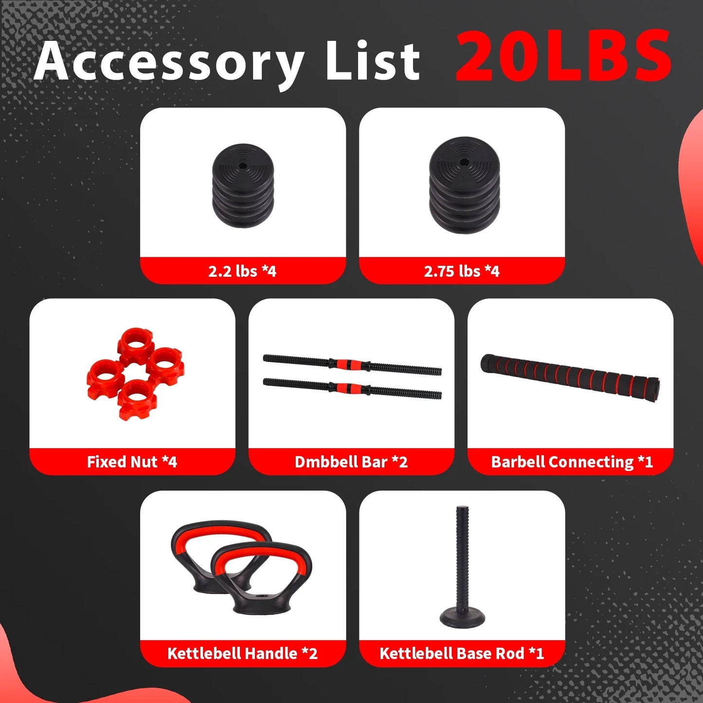 Adjustable Dumbbells Set - 20Lbs Multi-Functional Fitness Set, Kettlebell & Barbell Patterns, Beginner Dumbbell Fitness