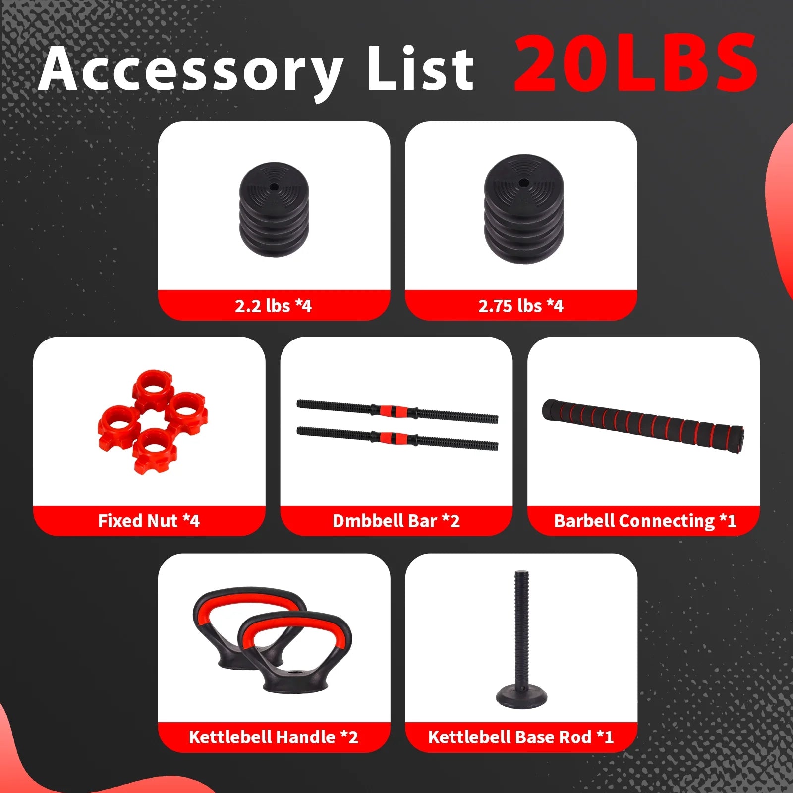 Adjustable Dumbbells Set - 20Lbs Multi-Functional Fitness Set, Kettlebell & Barbell Patterns, Beginner Dumbbell Fitness