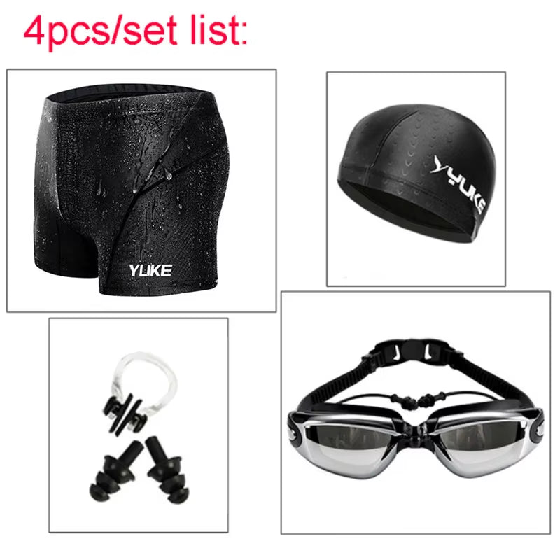 Swimming Trunks Men'S Swimming Set Flat Angle Swimming Shorts Waterproof Quick-Drying Swimming Suit Swimming Goggles Swim Cap